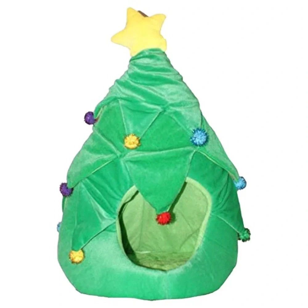NWT holiday pet hut Christmas tree with colored poof balls and golden star